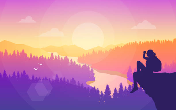Woman with backpack sitting on a cliff. Vector polygonal landscape illustration, Minimalist style, Flat design. Travel concept of discovering, exploring, observing nature. Adventure tourism. Hiking Woman with backpack sitting on a cliff. Vector polygonal landscape illustration, Minimalist style, Flat design. Travel concept of discovering, exploring, observing nature. Adventure tourism. Hiking hiking stock illustrations