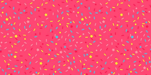 Sprinkle vector seamless pattern. Doughnut and ice cream dessert cute background. Donut sprinkle rainbow vector seamless background. Confetti cake icing glaze. Ice cream Birthday party pattern. Kids dessert repeat bakery texture. confetti star shape red yellow stock illustrations