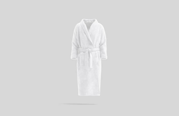 mock up dell'accappatoio bianco bianco dell'hotel, sfondo grigio - housecoat foto e immagini stock