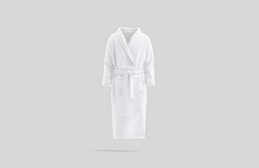 Blank white hotel bathrobe mock up, gray background, 3d rendering. Empty fluffy terry for body relaxation mockup, front view. Clear wraparound whites with belt template.