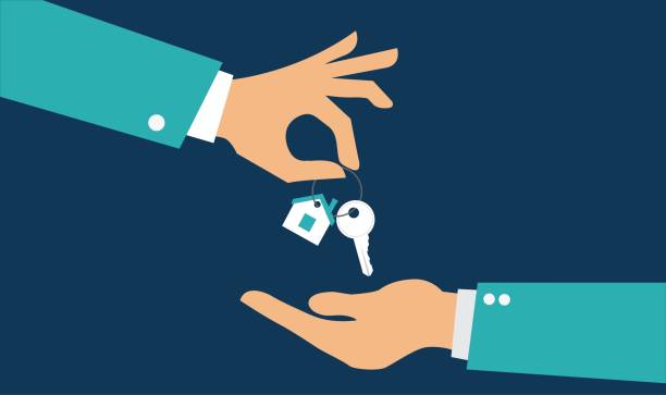 ilustrações de stock, clip art, desenhos animados e ícones de vector real estate concept in flat style - hands giving keys - sell house - key