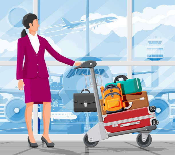 kobieta i ciężarówka pełna toreb na lotnisku - luggage cart airport luggage cargo container stock illustrations