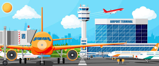 ilustraciones, imágenes clip art, dibujos animados e iconos de stock de avión antes del despegue - air traffic control tower airport runway air travel