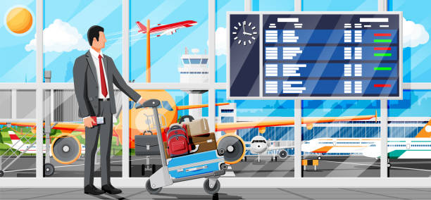 człowiek i ręka ciężarówka pełna toreb na lotnisku - luggage cart baggage claim luggage hand truck stock illustrations
