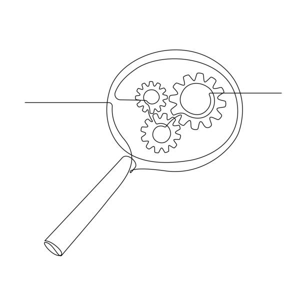 Gears inside Magnifying glass in continuous line drawing. Concept of Business analysis and engine optimization in outline style. Used for logo, emblem, web banner, presentation. Vector Illustration Gears inside Magnifying glass in continuous line drawing. Concept of Business analysis and engine optimization in outline style. Used for logo, emblem, web banner, presentation. Vector Illustration. drawing of smart goals stock illustrations