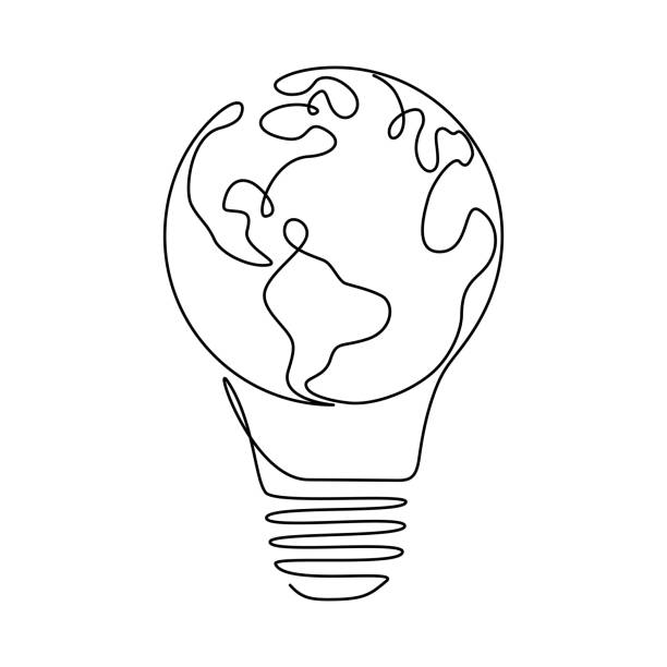 하나의 연속 선 도면에 전구 내부 지구 지구. 에코 혁신의 벡터 개념, 녹색 에너지의 아이디어와 간단한 낙서 스타일의 전기와 글로벌 솔루션. 편집 가능한 스트로크 - globe reflection earth business stock illustrations