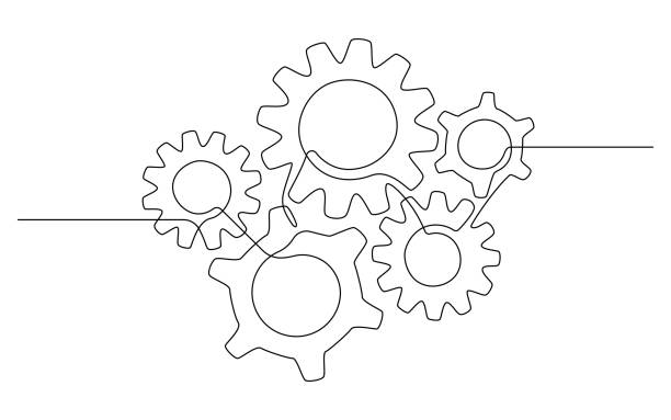 다른 기어 바퀴의 하나의 연속 라인 그림. 심플한 리나트 스타일의 5개의 톱니바퀴. 편집 가능한 스트로크. 비즈니스 팀워크, 개발, 혁신, 프로세스의 창의적인 개념. 벡터 - 협동 일러스트 stock illustrations