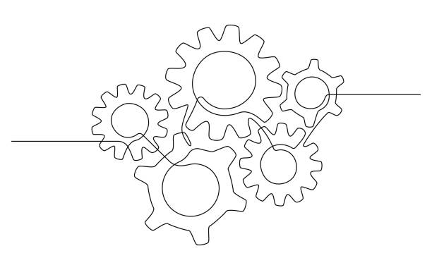 ilustrações de stock, clip art, desenhos animados e ícones de one continuous line illustration of different gears wheels. five cogwheels in simple lineart style. editable stroke. creative concept of business teamwork, development, innovation, process. vector - technology engineering gear drawing