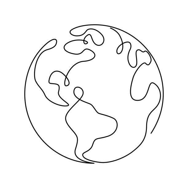 1つの連続した線画で地球儀。シンプルな落書きスタイルでラウンドワールドマップ。白い背景に隔離されたインフォグラフィックの領土地理のプレゼンテーション。ベクトルの図 - 地球点のイラスト素材／クリップアート素材／マンガ素材／アイコン素材