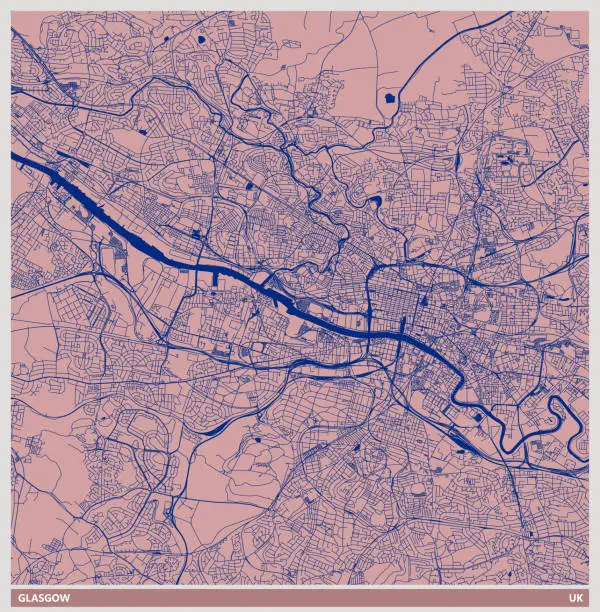Vector illustration of color art illustration style map,Glasgow city,Scotland,UK