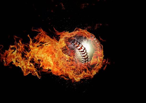 istock 3D rendering burning flame baseball ball and black background 1321131307