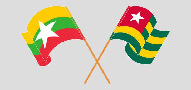 Vector illustration of Crossed and waving flags of Myanmar and Togo