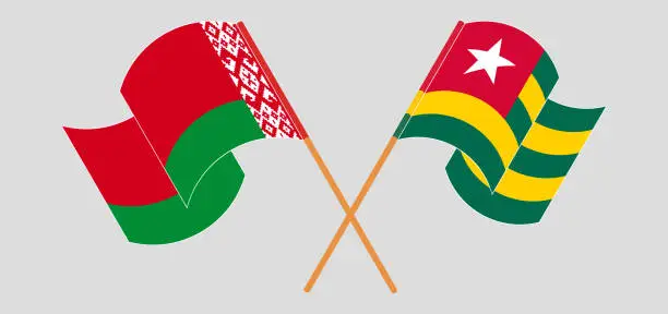 Vector illustration of Crossed and waving flags of Belarus and Togo