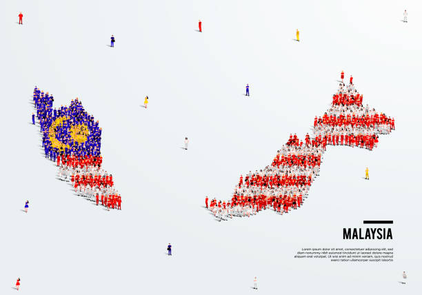 illustrazioni stock, clip art, cartoni animati e icone di tendenza di mappa e bandiera della malesia. un grande gruppo di persone nella forma di colore della bandiera malese per creare la mappa. illustrazione vettoriale. - malaysia