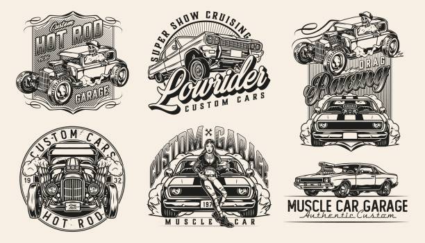 사용자 정의 자동차 빈티지 흑백 배지 - low rider stock illustrations