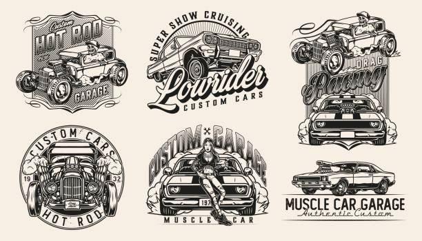 Custom cars vintage monochrome badges Custom cars vintage monochrome badges with skeleton in baseball cap driving hot rod pretty tattooed woman holding spanner american lowrider and muscle cars isolated. vector illustration hot rod car stock illustrations