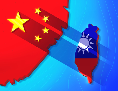 China and Taiwan relationship illustration. Shadow of China's ambitions for Taiwan.
