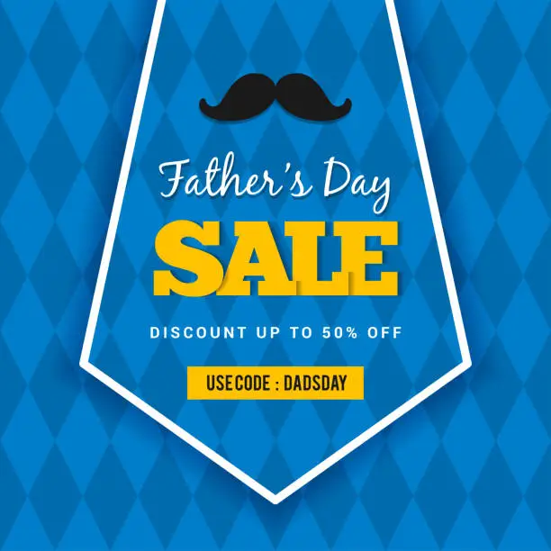 Vector illustration of Father's day Sale vector illustration. Necktie shape on blue rhombic pattern background