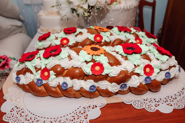 Wedding bread decorated with flowers and leaves with dough
