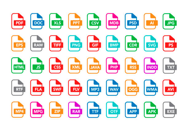 векторный набор иллюстраций красочных плоских набросок меток документов и значков форматов типов файлов. pdf, mp3, txt, xls, ppt, csv, mov, doc, rar, png, eps, зи� - avi stock illustrations