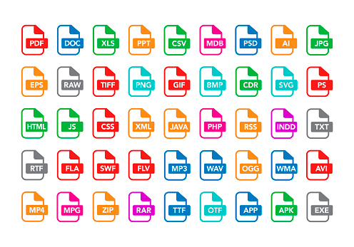 Vector illustration set of colorful flat outline document labels and file types formats icons. PDF, MP3, TXT, XLS, PPT, CSV, MOV, DOC, RAR, PNG, EPS, ZIP, HTML.
