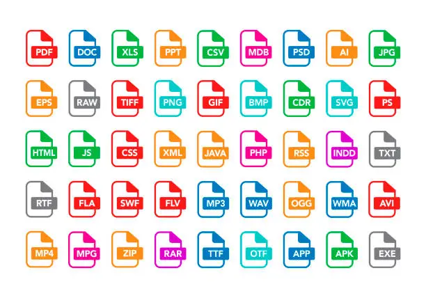 Vector illustration of Vector illustration set of colorful flat outline document labels and file types formats icons. PDF, MP3, TXT, XLS, PPT, CSV, MOV, DOC, RAR, PNG, EPS, ZIP, HTML.