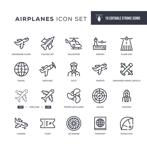 ilustraciones, imágenes clip art, dibujos animados e iconos de stock de iconos de línea de trazo editables de aviones - jet