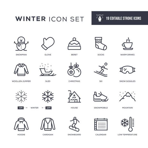 значки линии зимнего редактируемого хода - тёплая одежда stock illustrations