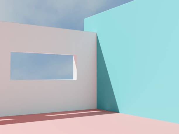 istock 3D Rendering Minimal Architectural Product Display Background with High Contrast and Vibrant Colors. Mediterranean Turquoise, Pink and White Floor and Wall with Window. Sky Background. 1321139048