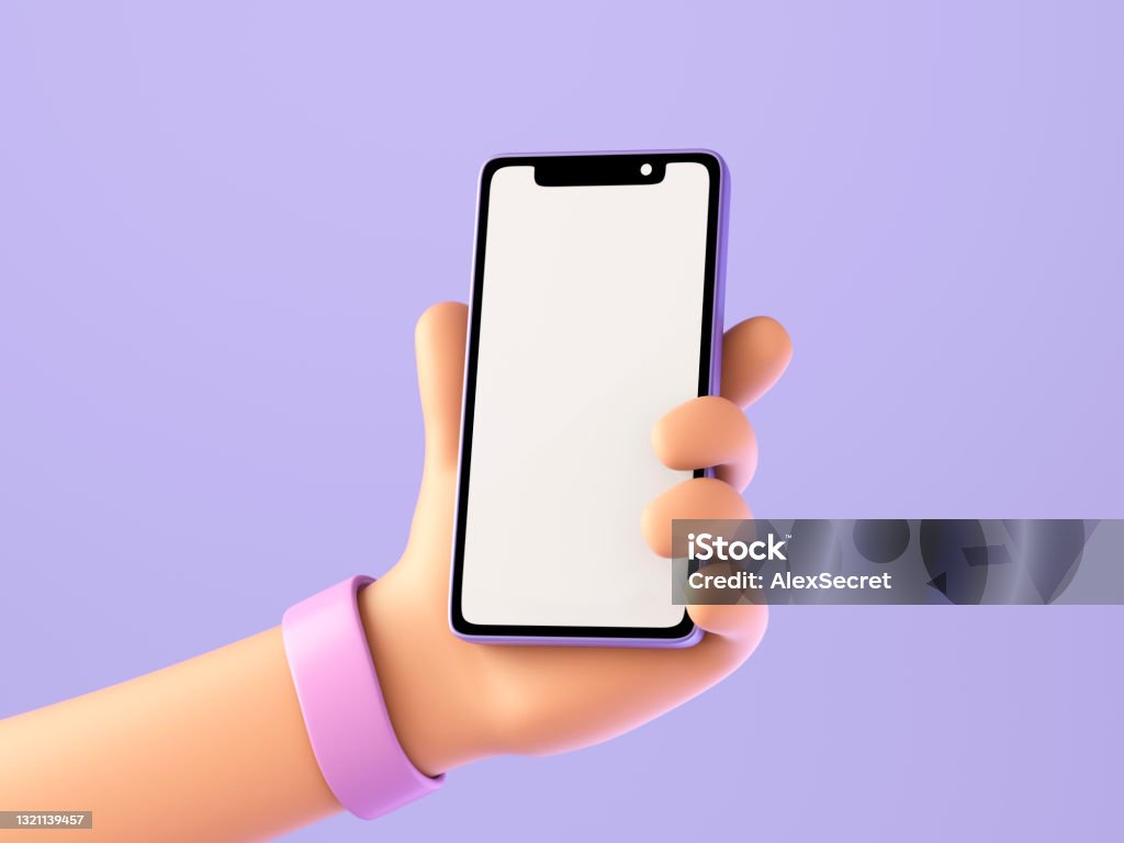 Cartoon character hand holds smart phone Cartoon hand with smartphone on purple background. 3d illustration. Three Dimensional Stock Photo