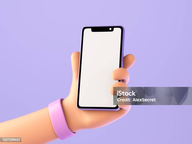 Cartoon Character Hand Holds Smart Phone Stock Photo - Download Image Now - Three Dimensional, Hand, Telephone