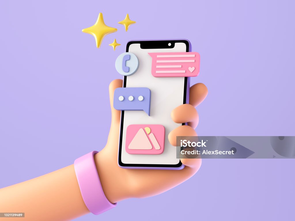 Cartoon character hand holds smart phone Cartoon hand with smartphone on purple background. 3d illustration. Three Dimensional Stock Photo