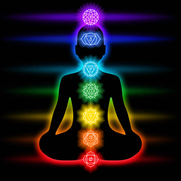 chakra: muladhara, swadhisthana, manipura, anahata, vishuddha, ajna, sahasrara. segno om. sagoma dell'uomo in posa di loto. cerchi fumosi. icone sacrali. simboli di meditazione - om symbol yoga symbol hinduism foto e immagini stock