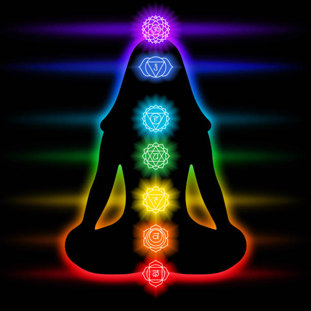 chakras: muladhara, swadhisthana, manipura, anahata, vishuddha, ajna, sahasrara. om signo. silueta de la mujer en una pose de loto. círculos ahumados. iconos sacros. símbolos de meditación - vishuddha fotografías e imágenes de stock