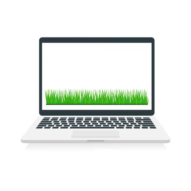 Vector illustration of Laptop with green grass on white screen.