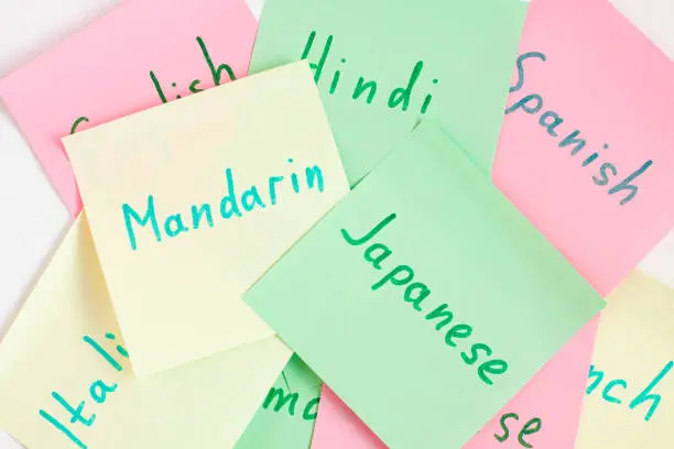 Photo of Top view flat lay of different languages such as Mandarin and Japanese which written on the reminder notepaper of different colors. Flashcards and language studies