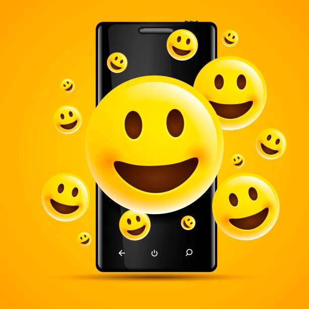 istock vector illustration realistic happy yellow emojis, emoticons in front of a smartphone 1321144247