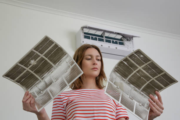 여자는 매우 더러운 에어컨 필터를 들고 - air cleaner 뉴스 사진 이미지