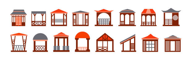 ilustrações de stock, clip art, desenhos animados e ícones de set of options for gazebos for japanese and chinese gardens. collection of color vector arbor icons in flat cartoon style for landscape design and construction isolated on white background - casa de jardim ou parque