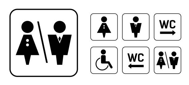 WC sign icon in square. Set Washroom vector sign. WC sign icon in square. Set Washroom vector sign. Toilet and restroom symbol. Male, female symbol for door. Black silhouette of man and woman. Pictogram WC in frame. invalid person stock illustrations