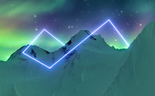 Futuristic circle made with neon lights in the snow mountain