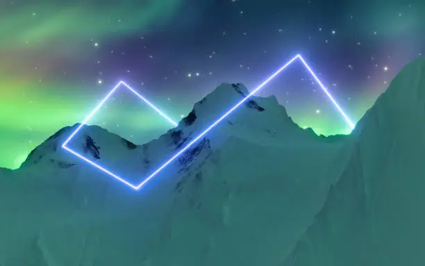 Photo of Futuristic circle made with neon lights in the snow mountain