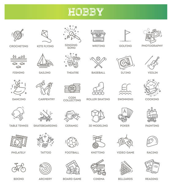 hobbies und interesse detaillierte linie symbole in modernen linie icon-stil gesetzt - hobbies stock-grafiken, -clipart, -cartoons und -symbole