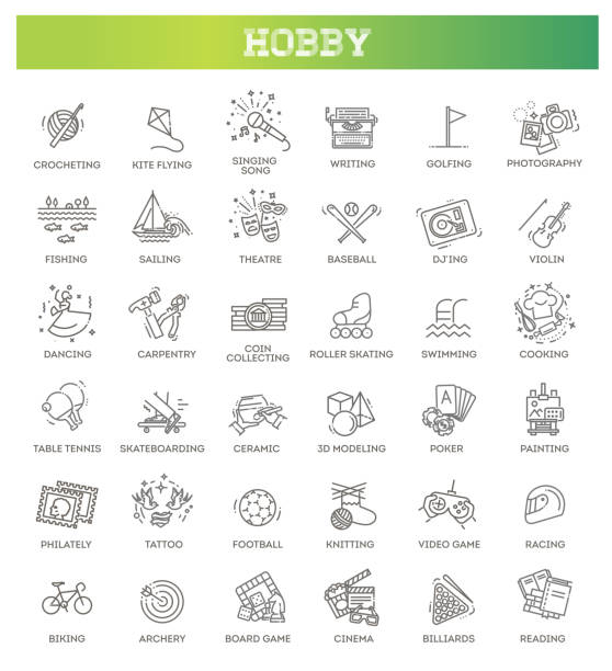 Hobbies and interest detailed line icons set in modern line icon style Line icons set in modern line icon style for ui, ux, web, app design poker card tattoos stock illustrations