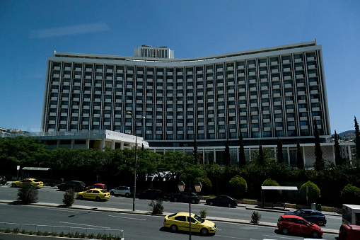 View of Hilton luxury hotel in Athens, Greece on May 14, 2021
