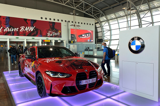 BMW M4 displays on the airport of Brussels, Belgium on May 20, 2021.