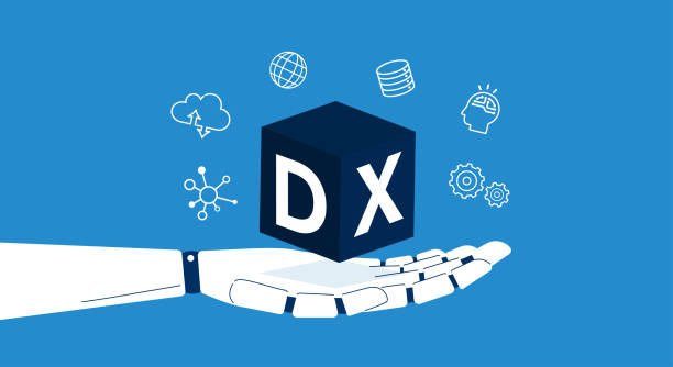 DX and RPA image,robot hand and box written "DX",blue backgroulnd,vector material dx,business dx stock illustrations