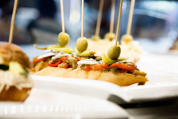 Montaditos a kind of Spanish Tapas Montaditos a kind of Spanish Tapas cafeteria sandwich food healthy eating stock pictures, royalty-free photos & images