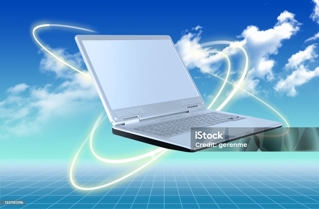 Internet Laptop and internet concept on blue background New Stock Photo