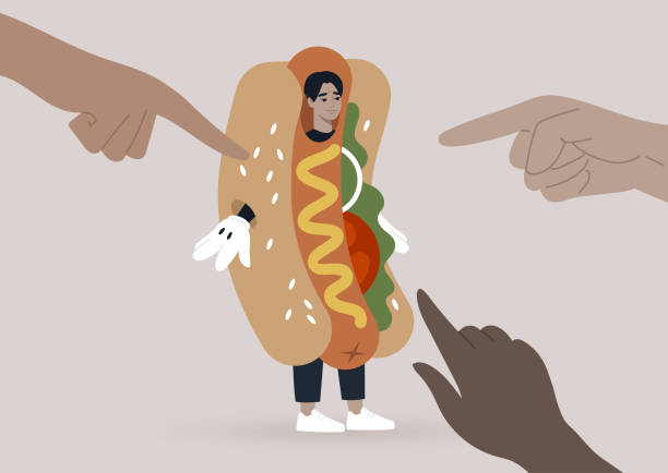 ein junger männlicher asiatischer charakter wird wegen seiner unterbezahlten arbeit als hot dog promoter gemobbt - wearing hot dog costume stock-grafiken, -clipart, -cartoons und -symbole